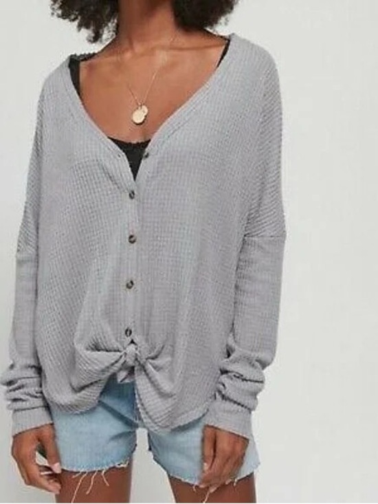 Aritzia Sweaters - Aritzia Babaton Tie Front Thermal Waffle Knit Button Down Gray Top Size XXS